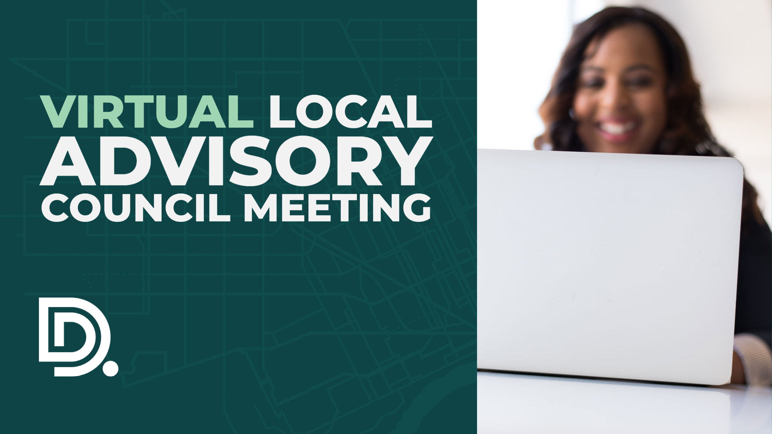 Image of an African American woman using her computer with the following headline, "DDOT Virtual Local Advisory Council Meeting."