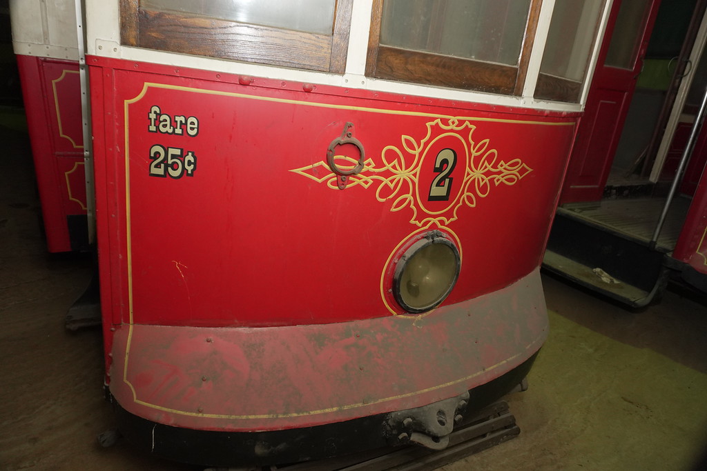 Historic trolley with 25-cent fare sign