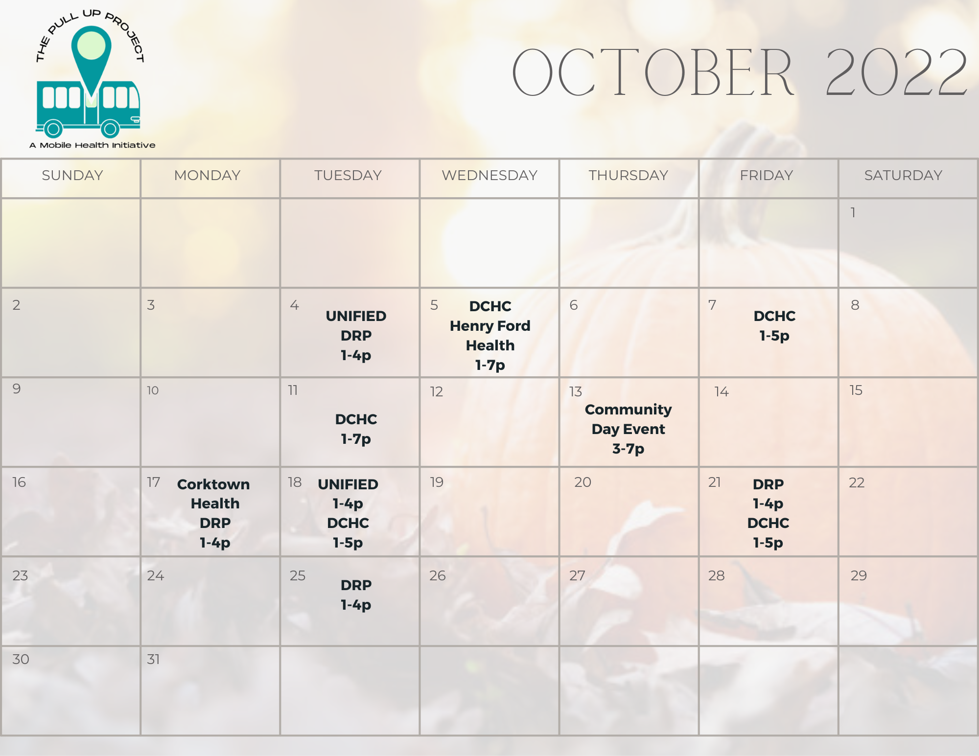 October Schedule for Pull Up Project