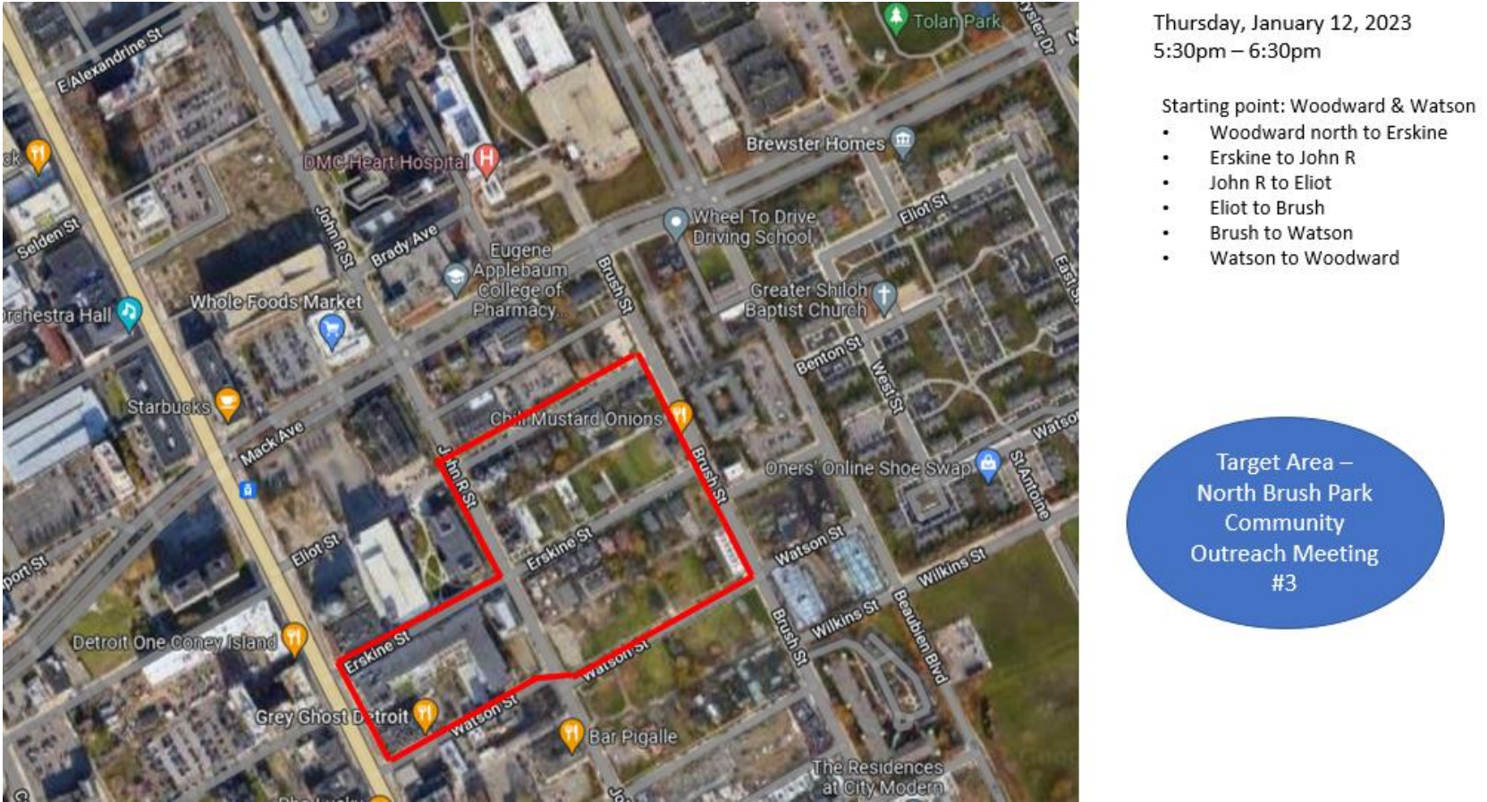 Starting point: Woodward & Watson,Woodward to Erskine,Erskine to John R,John R to Eliot,Eliot to Brush,Brush to Watson,Watson to Woodward