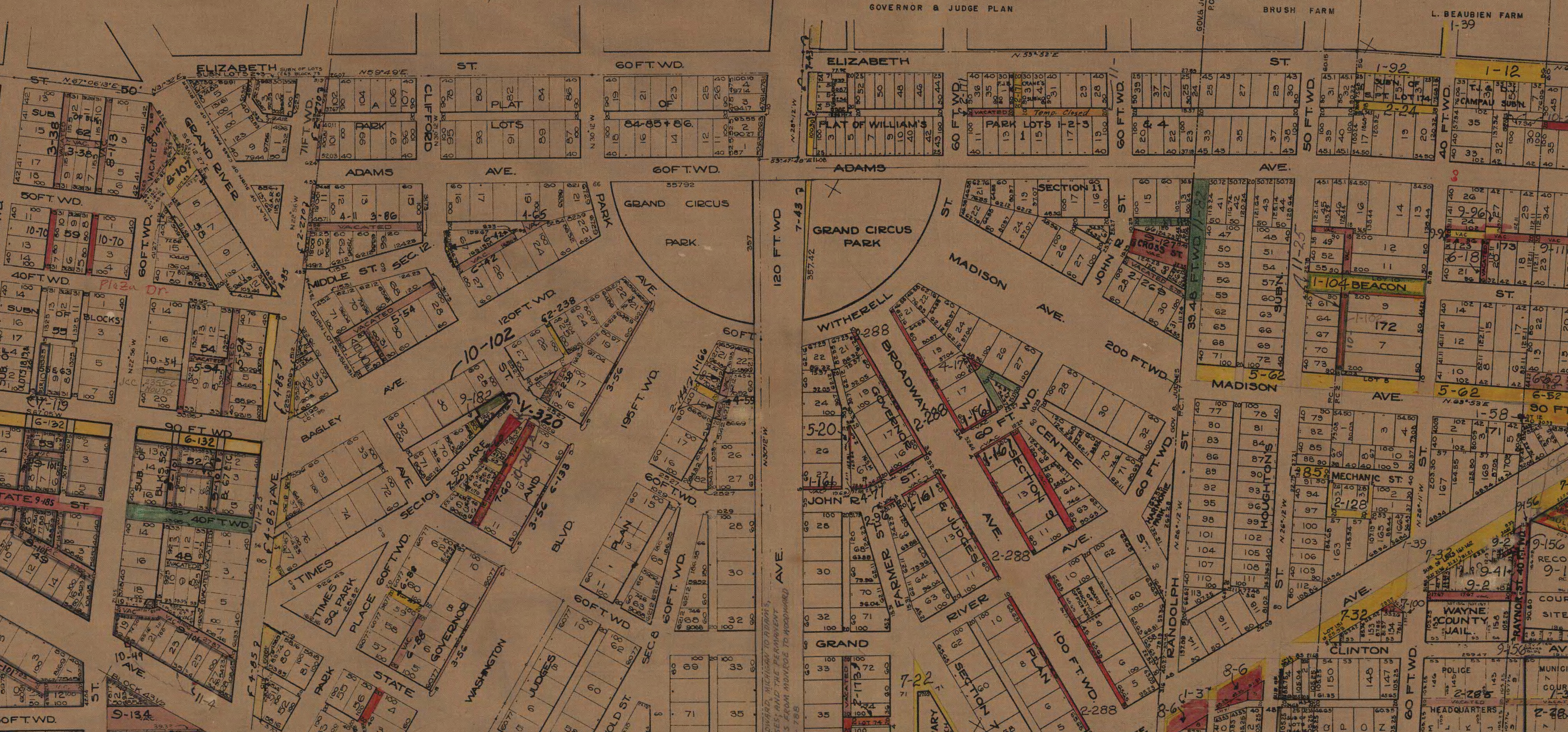 Map of area surrounding Grand Circus Park