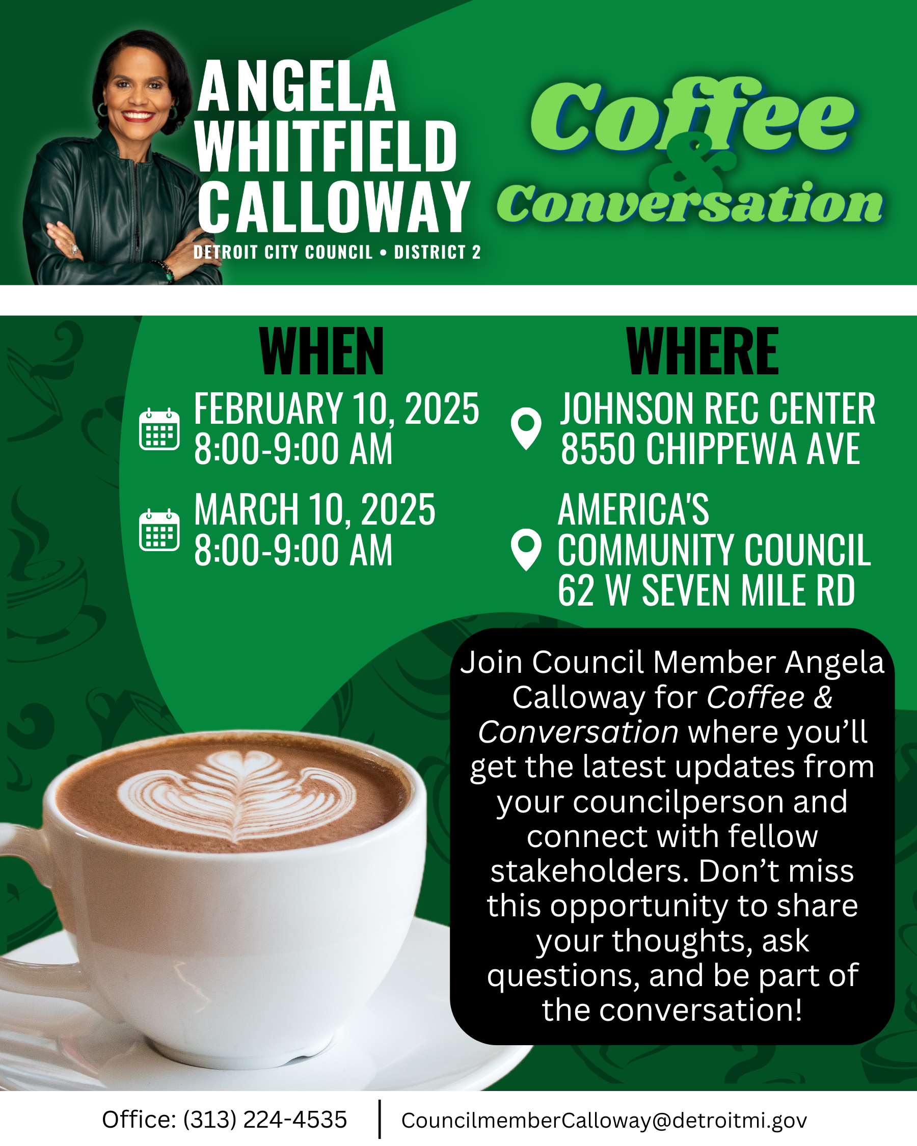 Green background white text black box cup of coffee