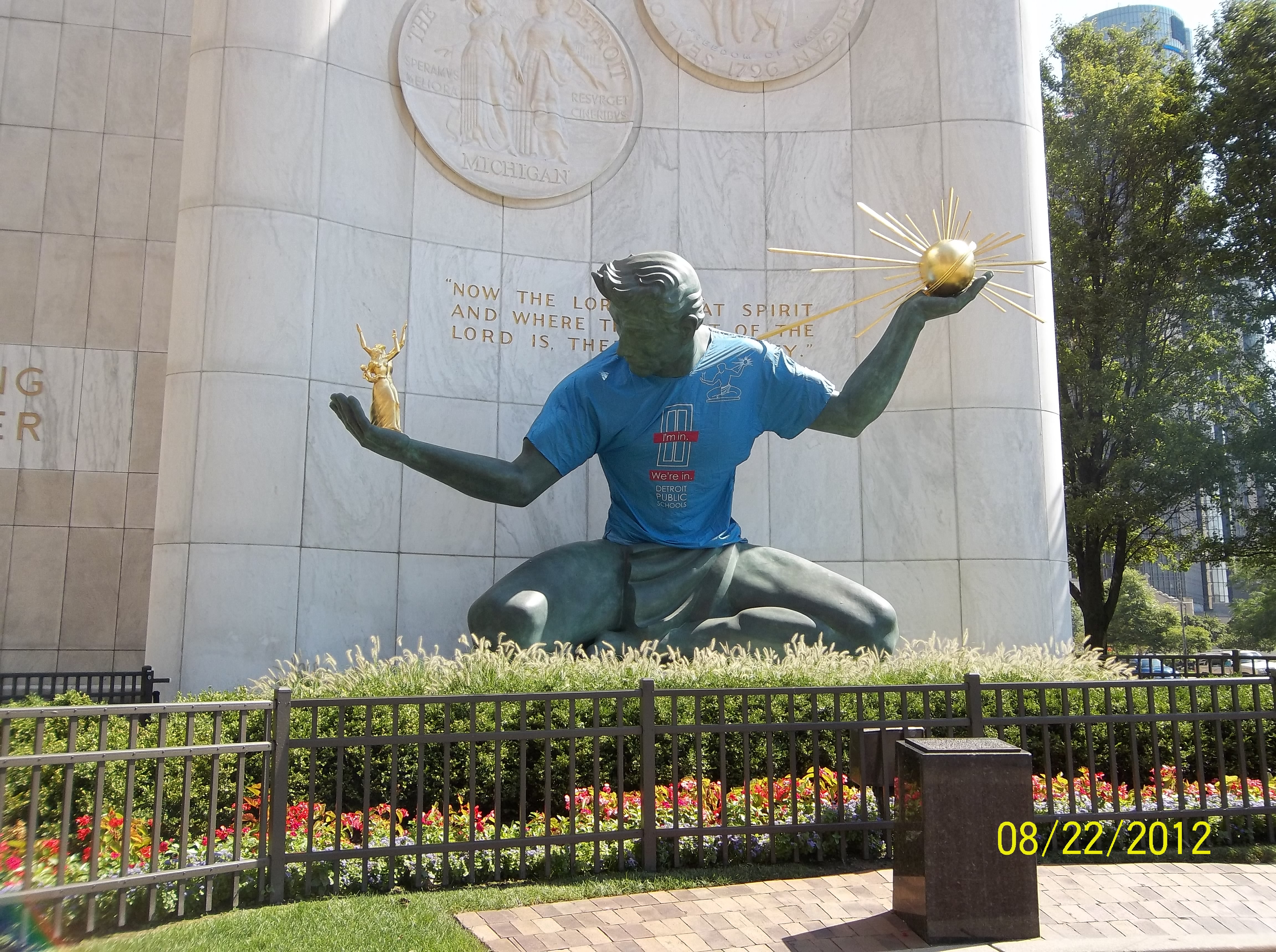 The Spirit of Detroit dressed in Blue shirt.
