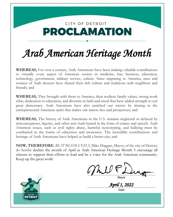 Proclamación del alcalde sobre la herencia árabe americana